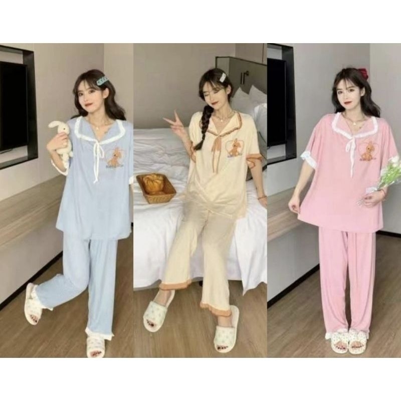 PIYAMA IMPORT PREMIUM KERAH KOREA TALI BEAR SISA BIRU