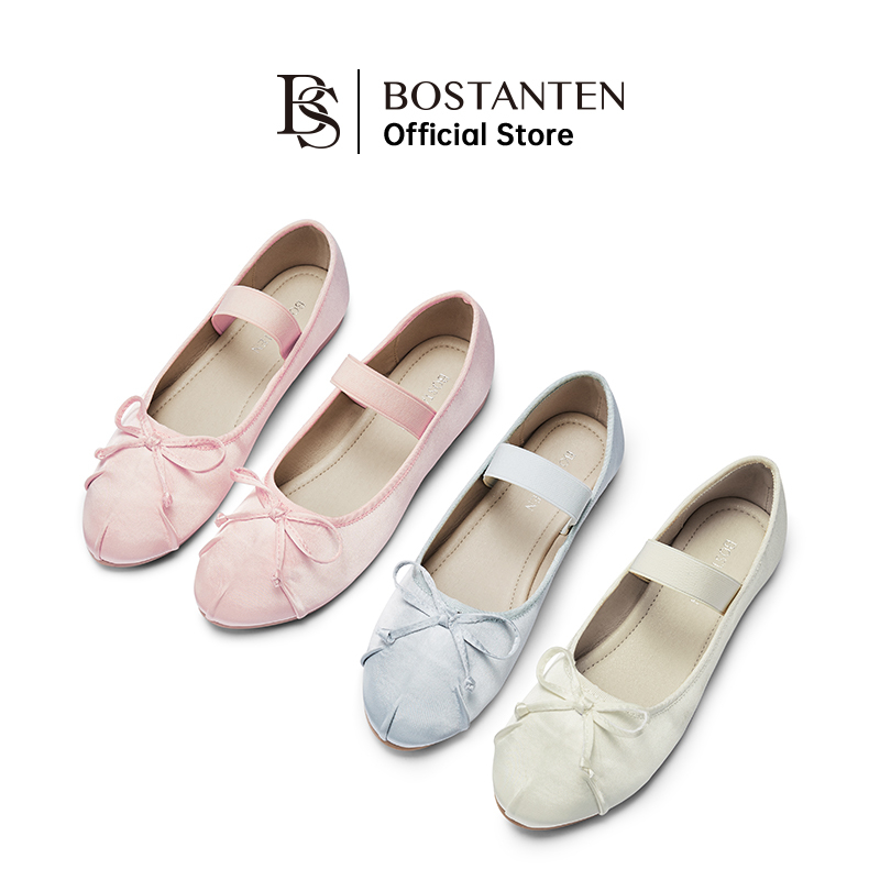 BOSTANTEN Sepatu Wanita Karet Elastis Ujung Bulat Desain Kasual Nyaman Elegan Warna Pink dan Putih 36-40