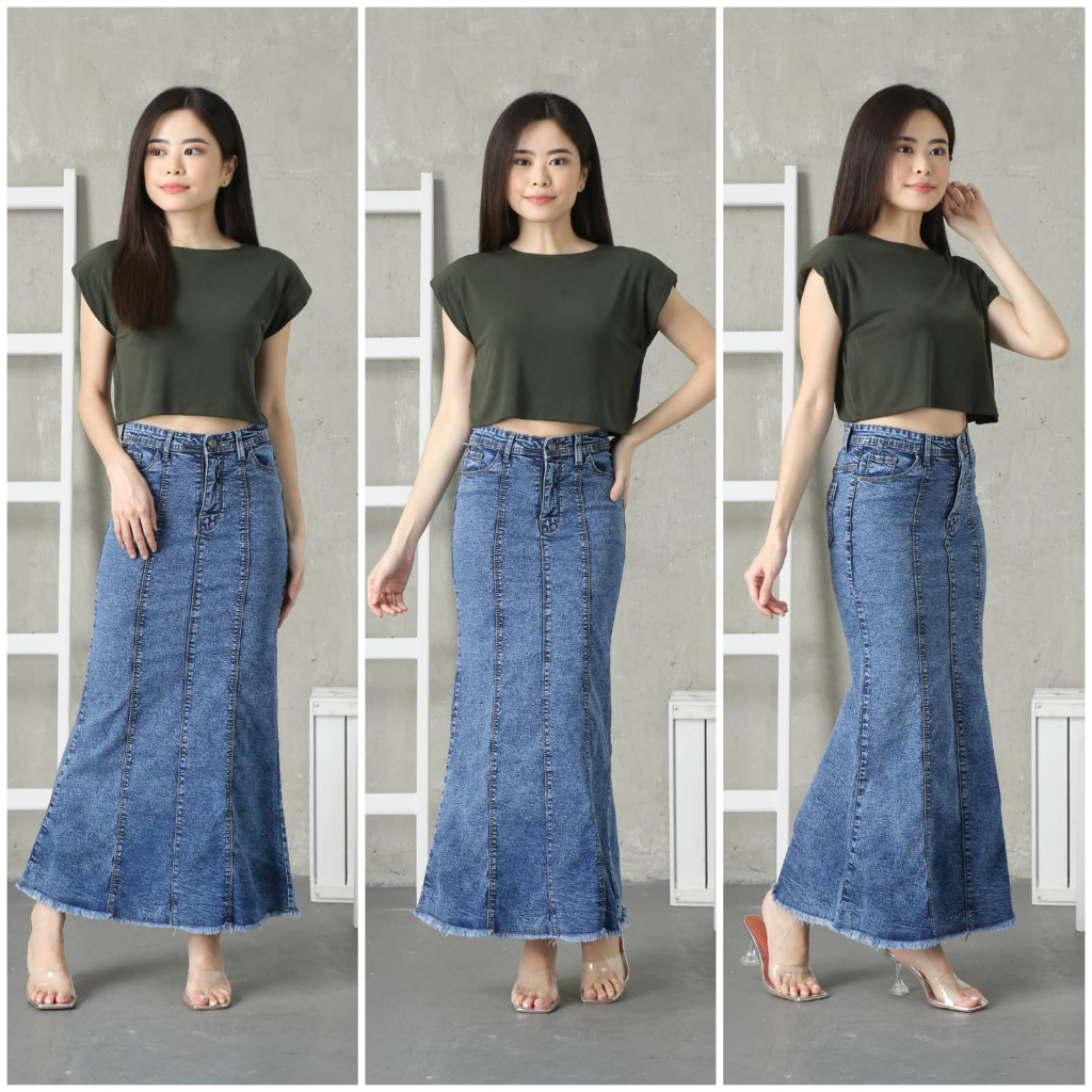 ROK JEANS WANITA / ROK PANJANG JEANS WANITA / ROK JEANS PANJANG DUYUNG / ROK PANJANG SNOW BLUE / COD