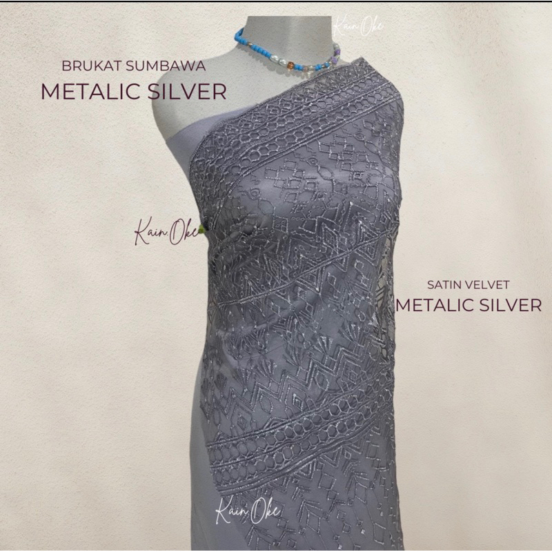 1/2 meter Kain  Kebaya Brukat Premium Grade A / Brokat Metalic Silver / Abu - Abu Motif Sumbawa / Ba