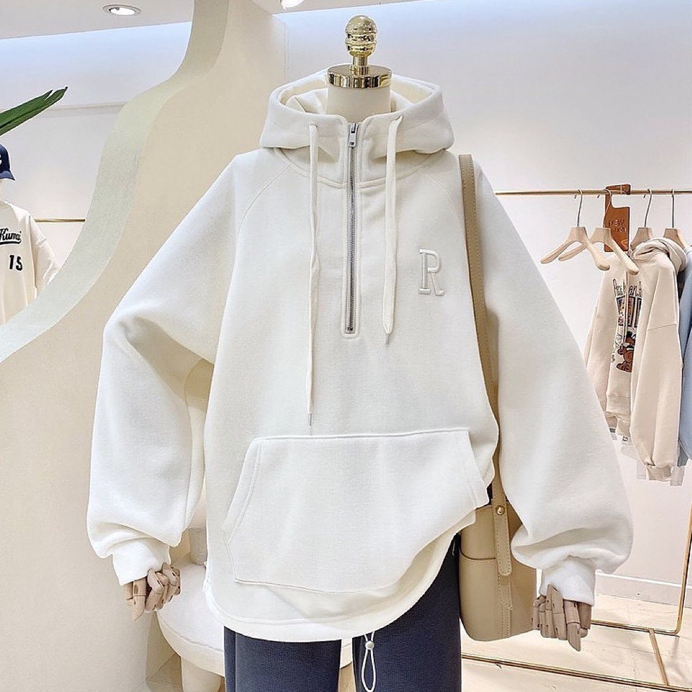 Vallina - R Bordier Half Zipper Sweater Hoodie Oversized Outerwear Remaja Wanita Korean Style Premiu