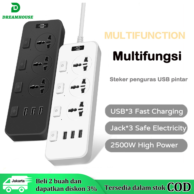 Soket Stop Kontak USB dengan Sakelar Independen dengan 3 Port USB Bercahaya dengan Kabel 2M Stop Kontak 3way/Power Strip/Socket USB 3way