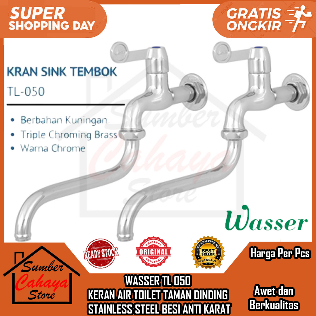 WASSER TL 050 Keran Air Dinding Tembok Wastafel Bathup Cuci Piring Mandi Stainless Kran Dinding Aer 