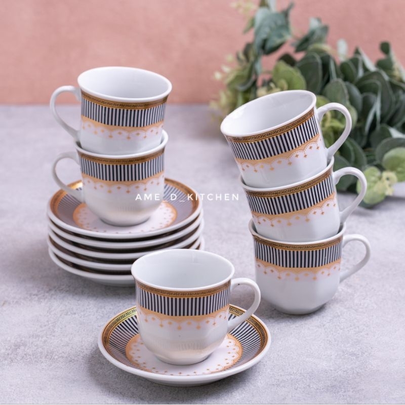 Cangkir lepek kopi keramik set dubai black and white + box