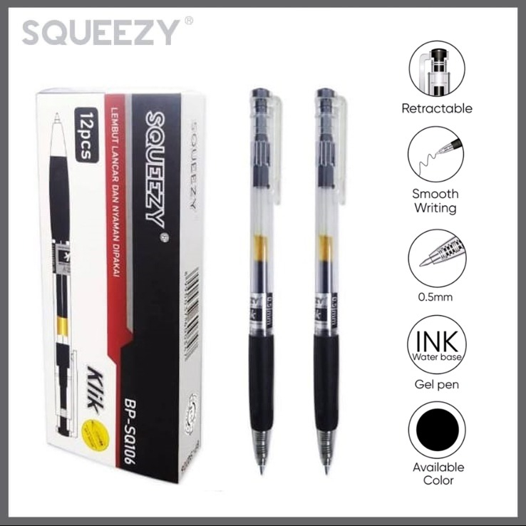 

Gel Pen Pulpen Gel Pena BP-SQ106 Klik Pen 0.5 mm Hitam isi 12 pcs/ box