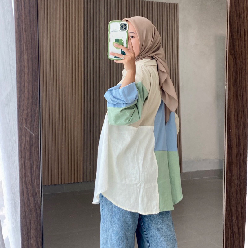 Erika Blouse Kemeja Kombinasi Oversize Linen Angel Jumbo