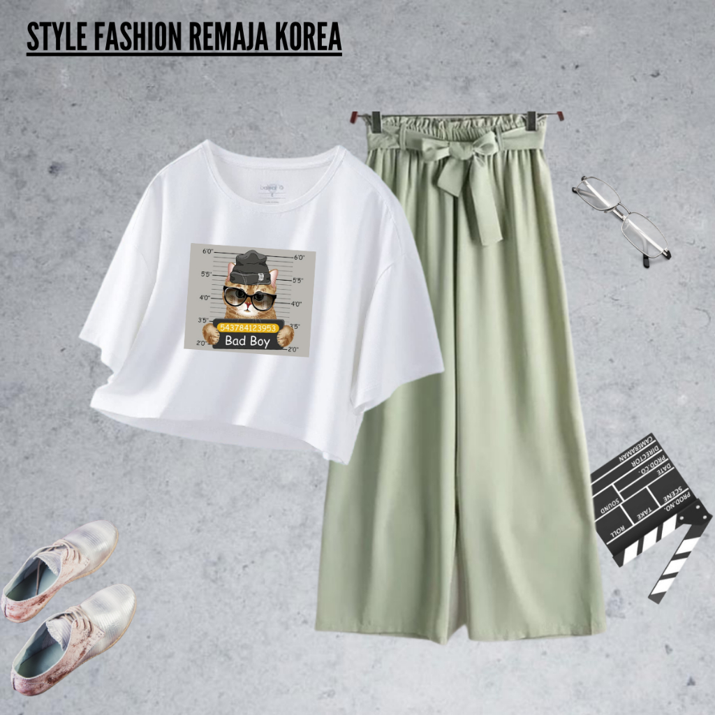 JBF Setelan Celana Kulot One Set Crop Oversized Cat Bad Boy