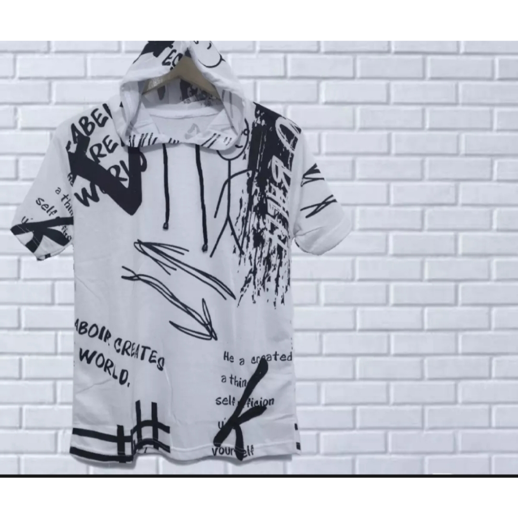 Kaos Hoodie Kupluk Lengan Pendek Sablon Gambar / Kaos Lengan Pendek Kupluk Motif Sablon Bergambar / 