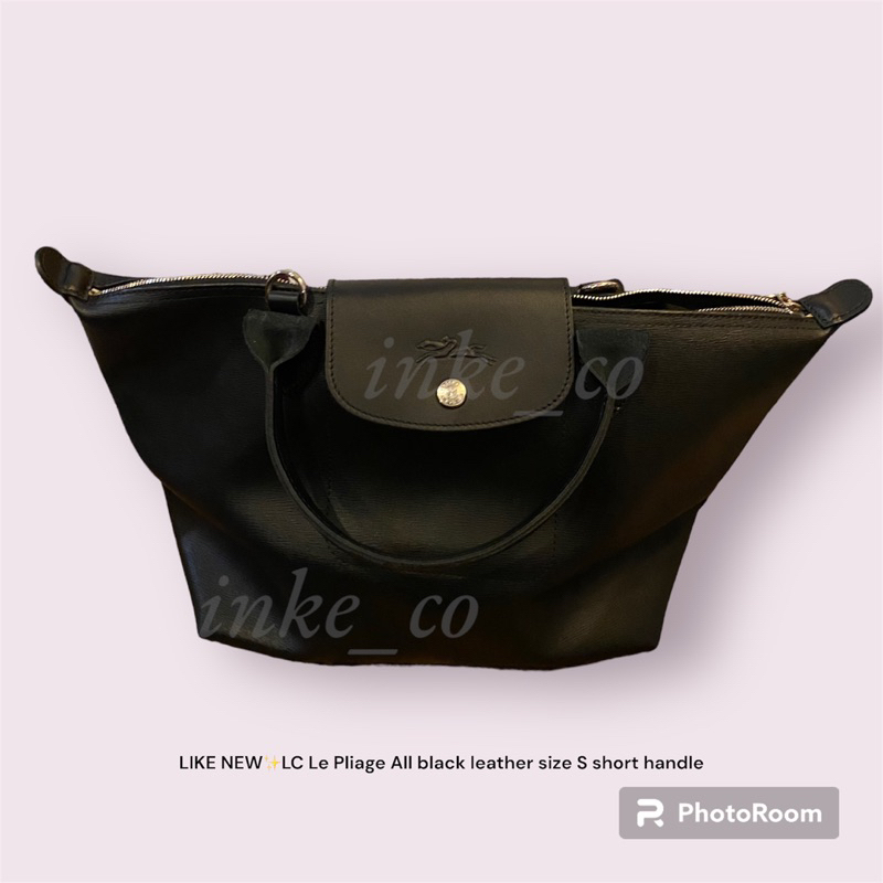 preloved LC le pliage cuir black size small tote short handle • longchamp leather