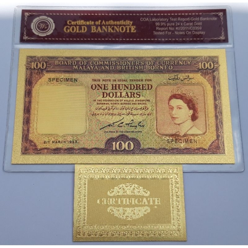 UANG SOUVENIR GOLDFOIL 100 DOLLAR MALAYA BORNEO