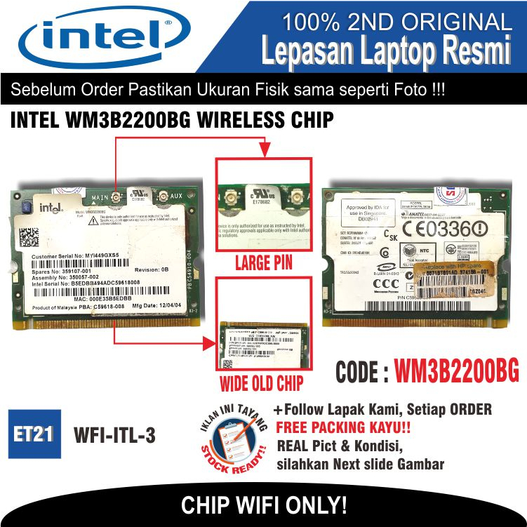 ET21 WFI-ITL-3 Internal WiFi Card WiFi Chip Laptop Notebook Netbook INTEL WM3B2200BG PD9WM3B2200BG W