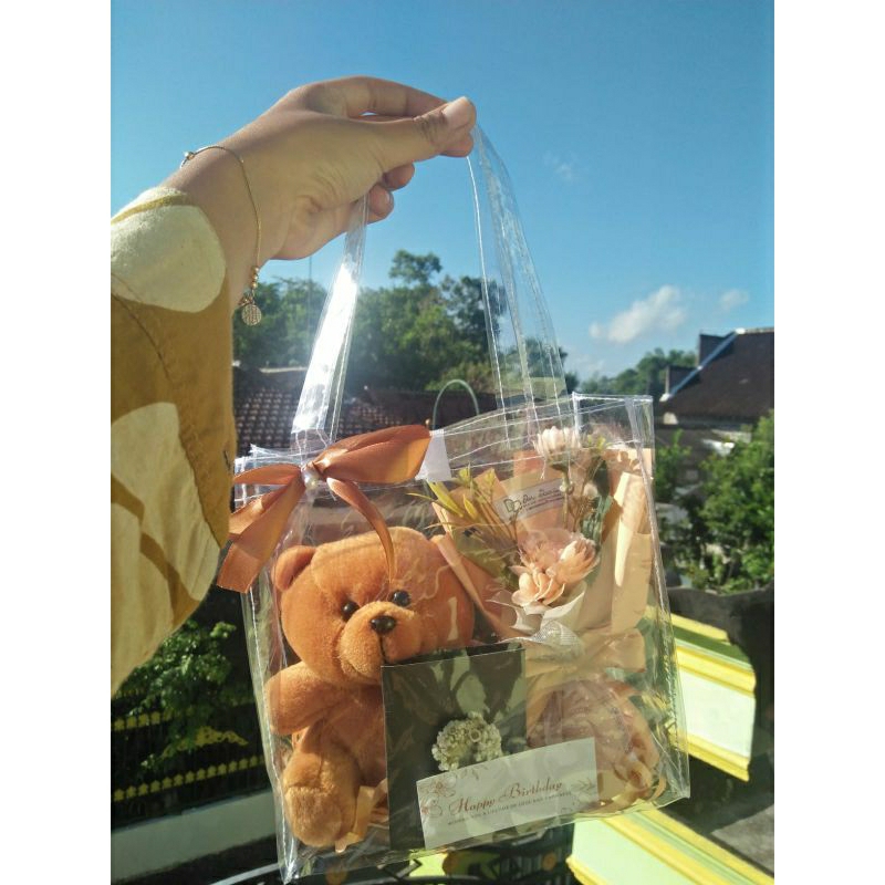Set Hampers Boneka Bunga/Hampers Tas Transparan/Hampers Graduation/Hampers Ulangtahun/Hampers Elegan