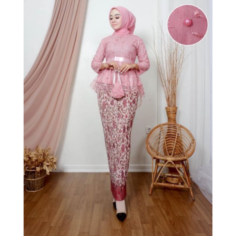 SETELAN KEBAYA AURORA TILLE MIX ROK PLISKET BATIK DEWASA PANJANG / BAJU KEBAYA WANITA MUSLIM MODERN 