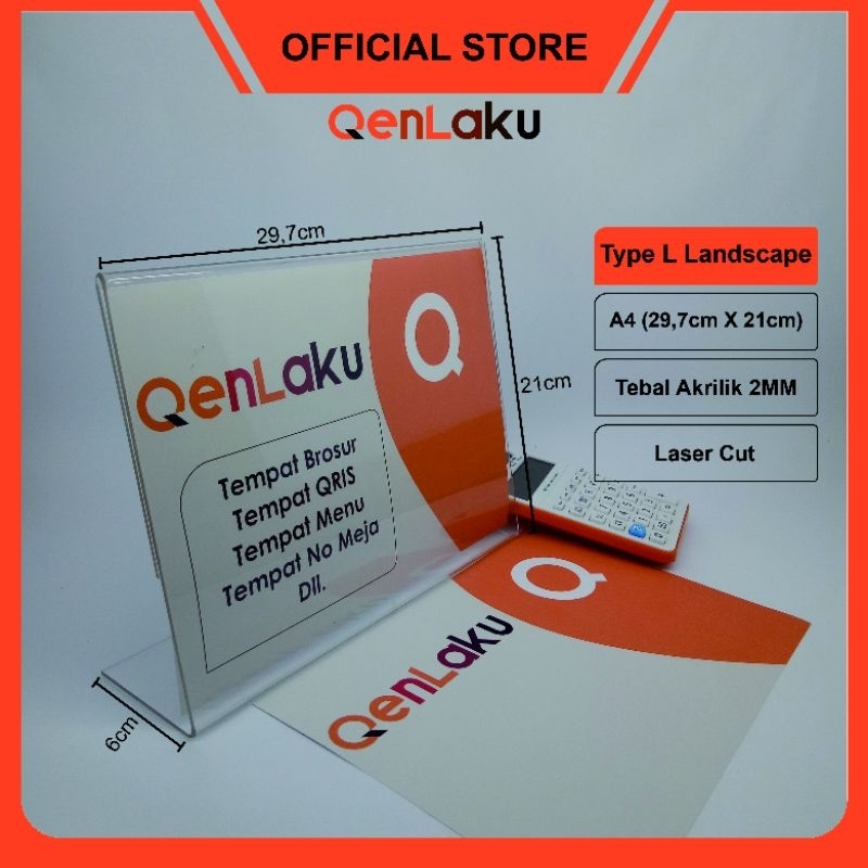 Acrylic Standing A4 Type L Landscape/ Tempat QRIS/ Brosur/ Menu