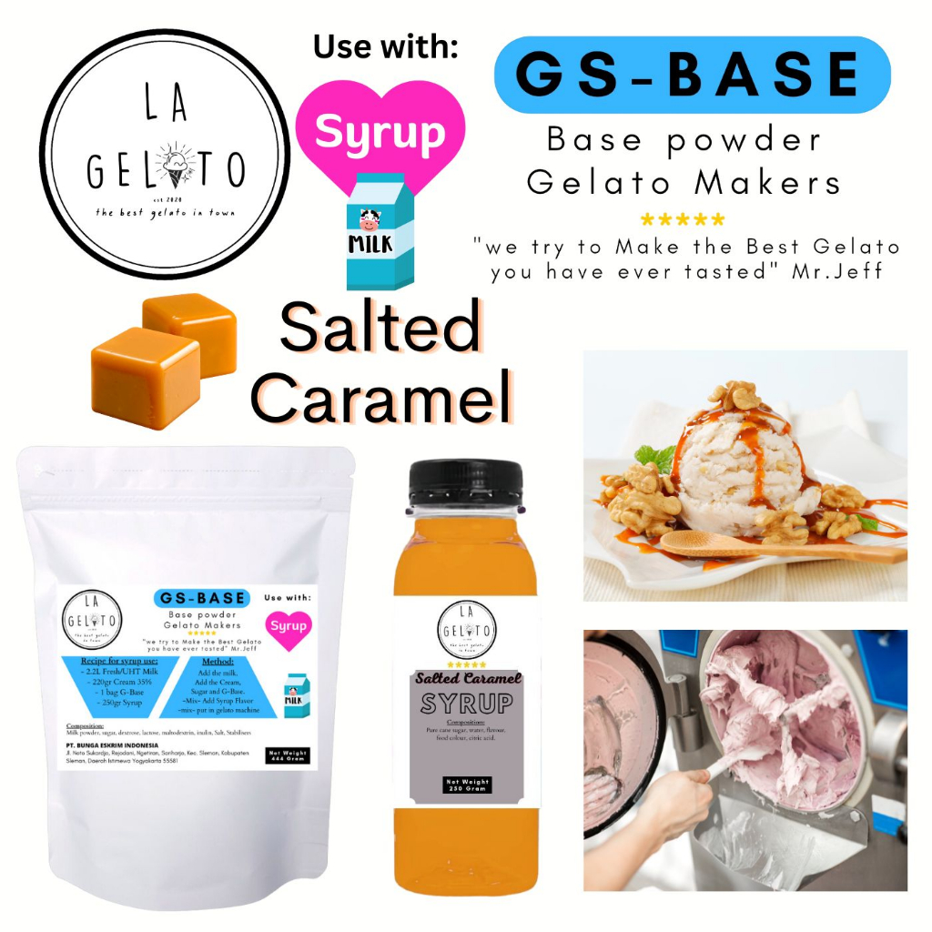 

Paket bubuk ice cream gelato dan sirup rasa Salted Caramel untuk 3kg