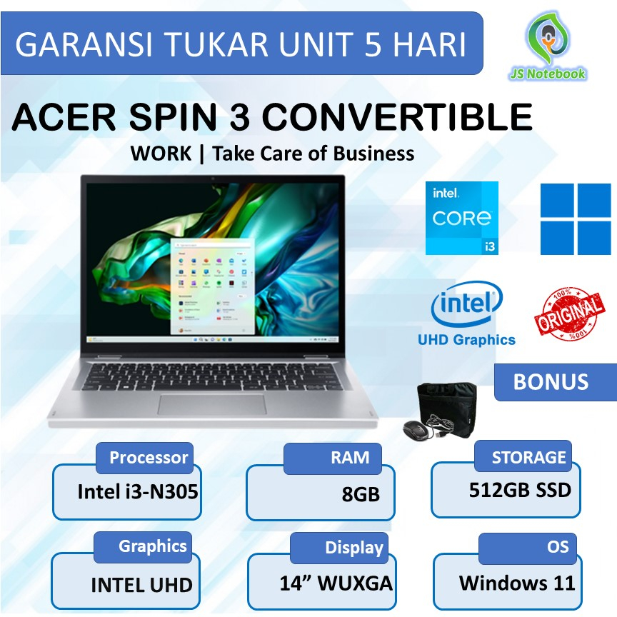 ACER SPIN 3 A3SP14 TOUCH intel i3-N305 8GB 512SSD WIN11 14" WUXGA