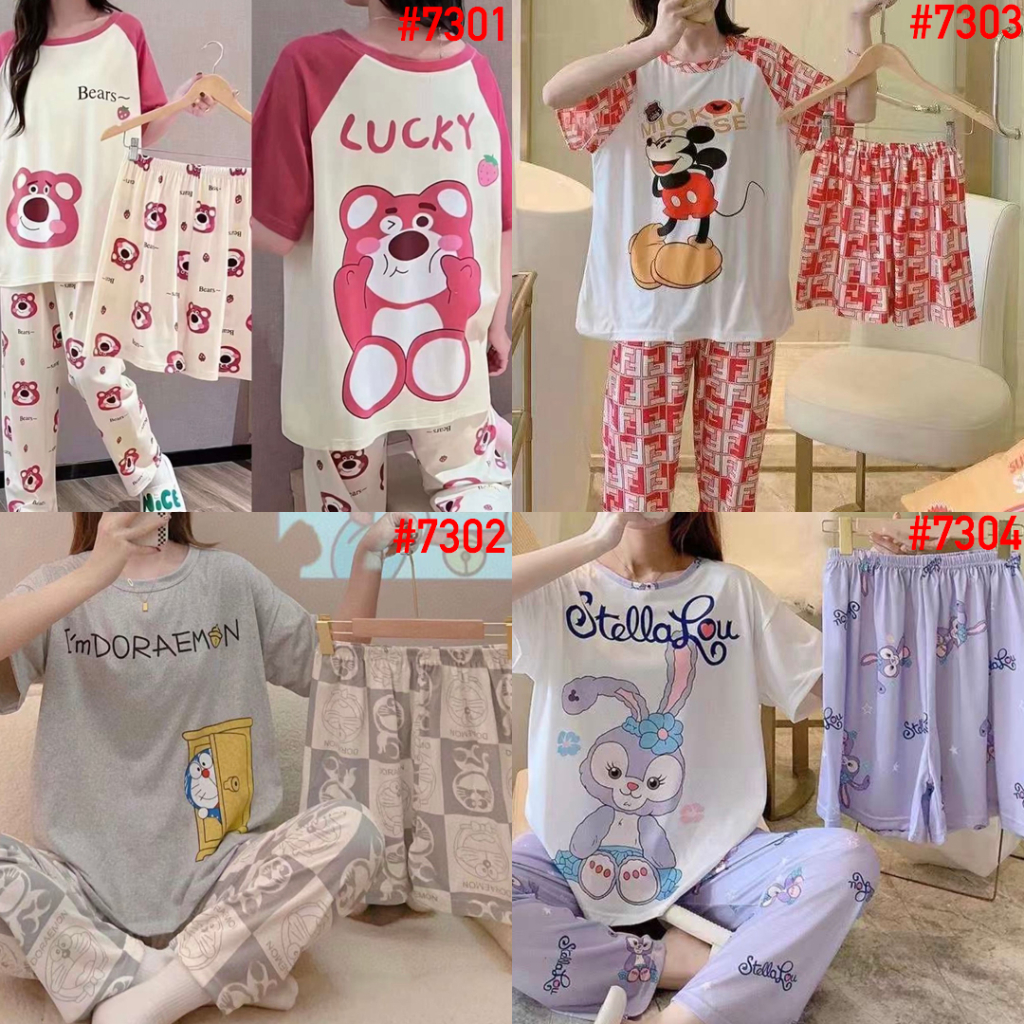 LEISURE WEAR Setelan Piyama Wanita CP 3in1 Baju Tidur Bobo Karakter Motif Korea Spandex Import