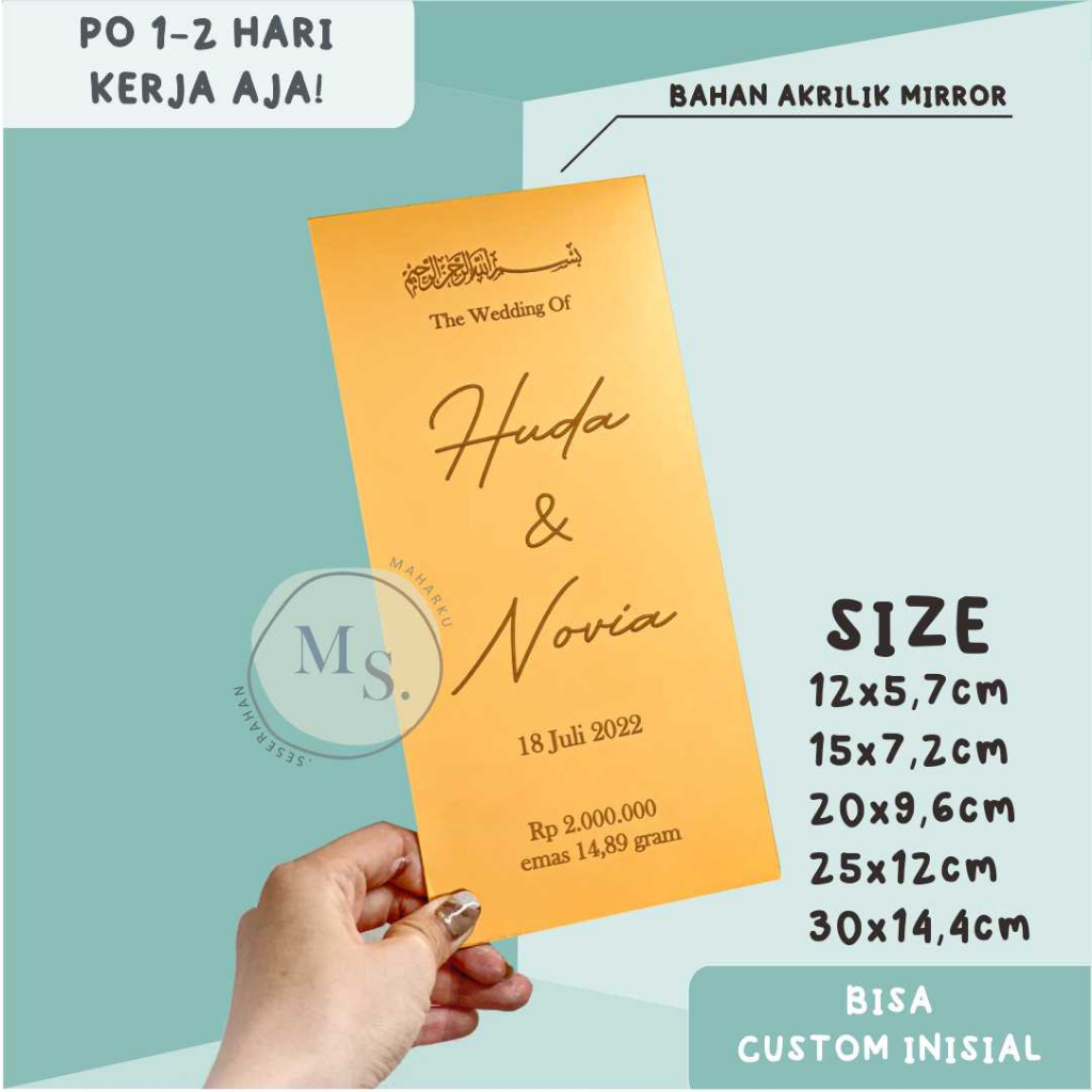 READY PLAT NAMA NOMINAL TANGGAL PERNIKAHAN ACRYLIC MIRROR DEKORASI FIGURA MAHAR AESTHETIC ISIAN MAHA
