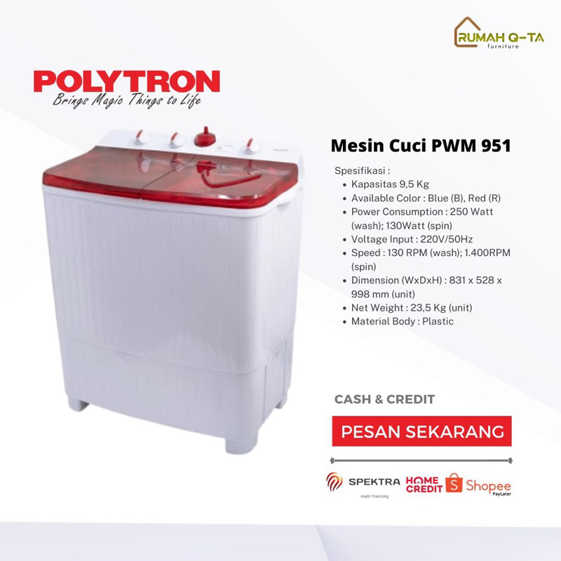 POLYTRON MESIN CUCI 2 TABUNG PWM801 / PWM951 / PWM952 NEW TYPE 100% ORI