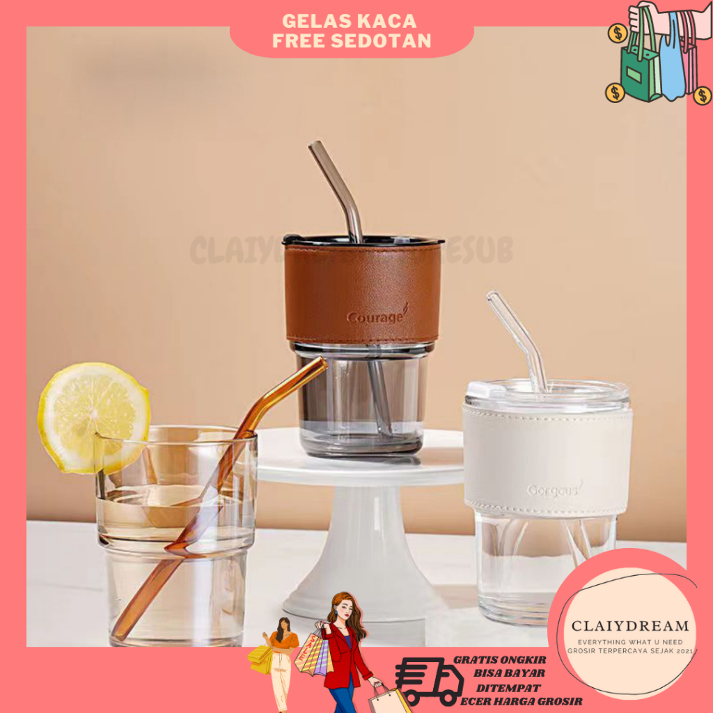 CLAIYDREAM GELAS KACA TUMBLER AESTHETIC GELAS + SEDOTAN MINUM KACA TRANSPARAN