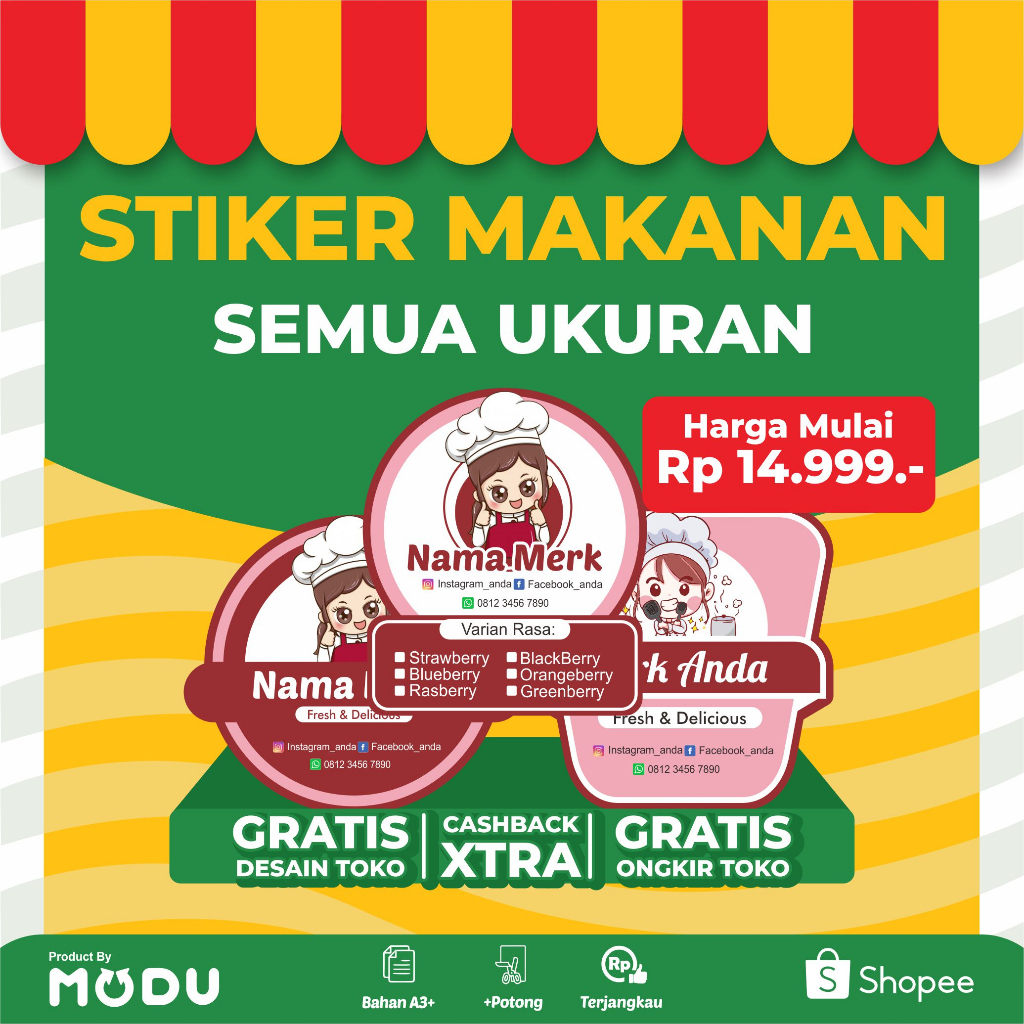 

STIKER MAKANAN SEMUA UKURAN CUSTOM COCOK UNTUK CATERING/SNACK & KUE