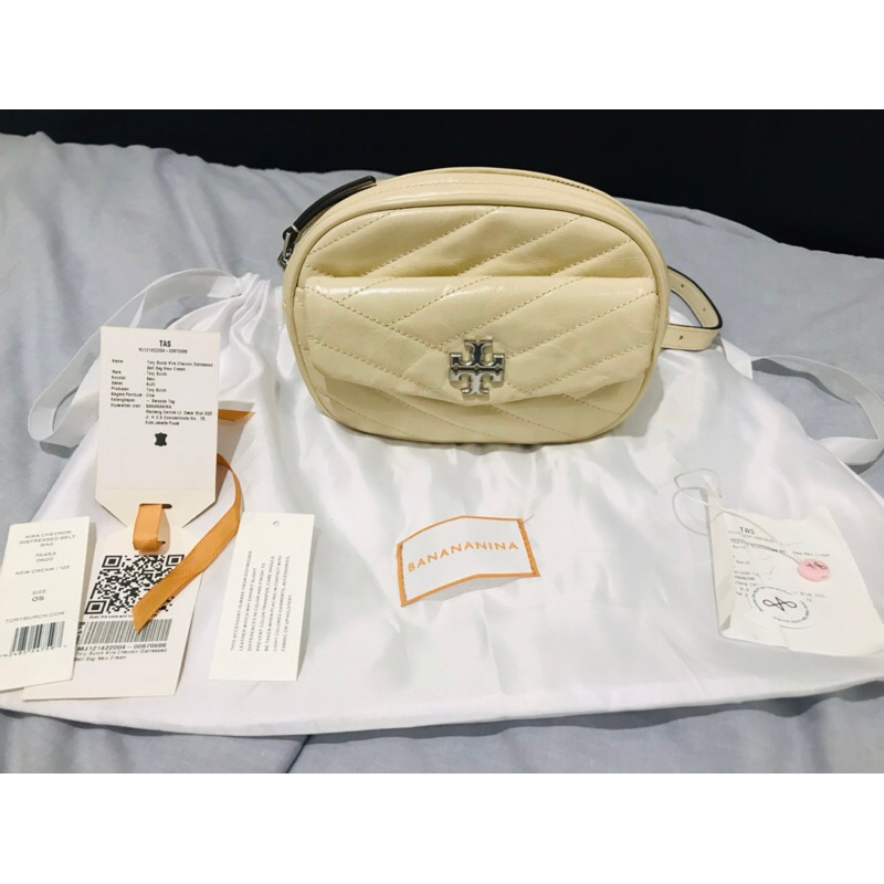 TORY BURCH Kira Chevron Distressed Belt Bag New Cream