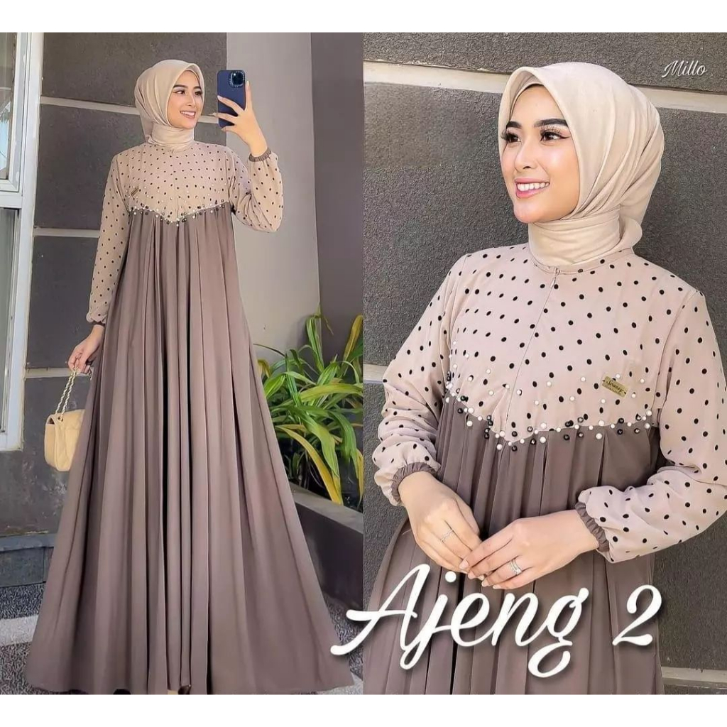 Terbaru Ajeng Maxi Dua Baju Dress Wanita Dewasa Bahan Ceruty Babydoll Polkadot Size M L XL Dress Kon