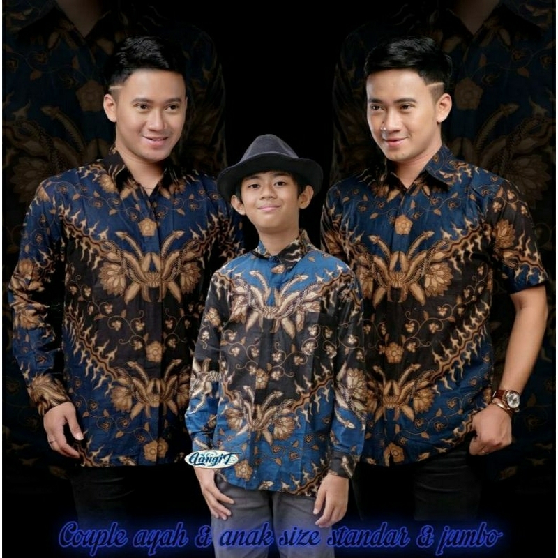 Couple Kemeja Batik Ayah dan Anak Lengan Panjang Pendek Cowok Pria Terbaru Batik motif Karis Navy
