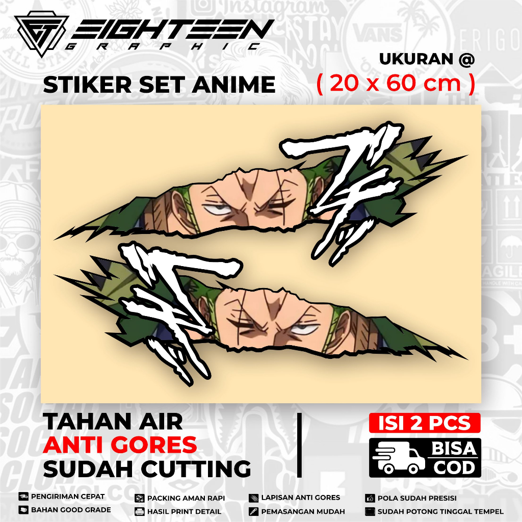 STIKER ANIME 1 SET ONEPIECE ZORO / STIKER AESTHETIC MOTOR / STIKER LAPTOP HP MOTOR MOBIL / STICKER P