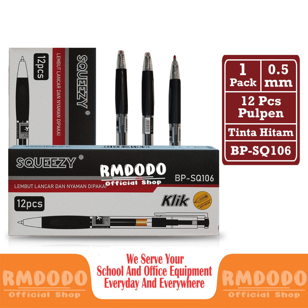 

Rmdodo - Pulpen Ballpen Tinta Hitam 0.5mm [1 Pack - 12 Pcs Pulpen] / Pena Cetek Squeezy Smooth / Bollpoin BP-SQ106