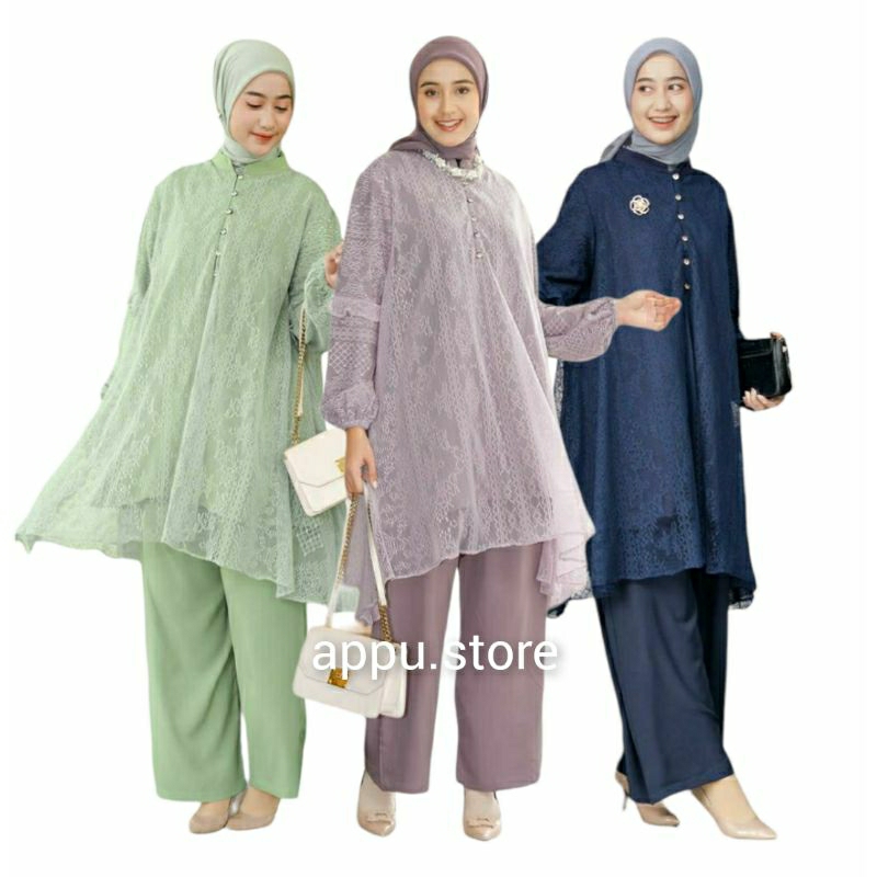 Hansa One Set Wanita Kekinian Ivona Lace Polos LD 120 / Baju Setelan Jumbo Outfit Kondangan Terbaru 
