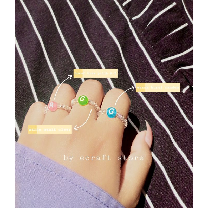 L001 Cincin Manik Manik Inisial Transparan Clear Huruf Warna Warni Bening Korea