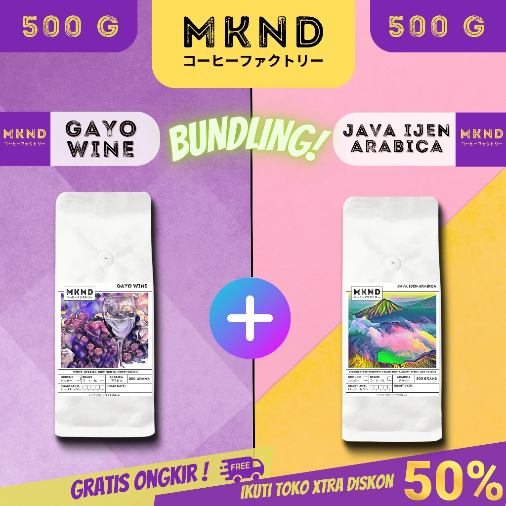 

MKND® BUNDLING HEMAT 2X500 KOPI ARABIKA ACEH GAYO NATURAL WINE PROCESS + KOPI ARABIKA JAVA IJEN BLUE MOUNTAIN NATURAL GRADE 1 SINGLE ORIGIN PROMO DISCON | BIJI BUBUK | SINGLE ORIGIN | PREMIUM COFFE | ROASTED BEANS | MANUAL BREW | COFFE ROASTERY