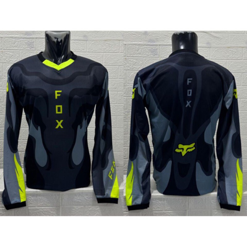 KAOS JERSEY PRIA LENGAN PANJANG BAHAN DRY FIT POLYESTER MOTIF PRINT TULISAN FOXX HITAM ABU MUDA HIJA