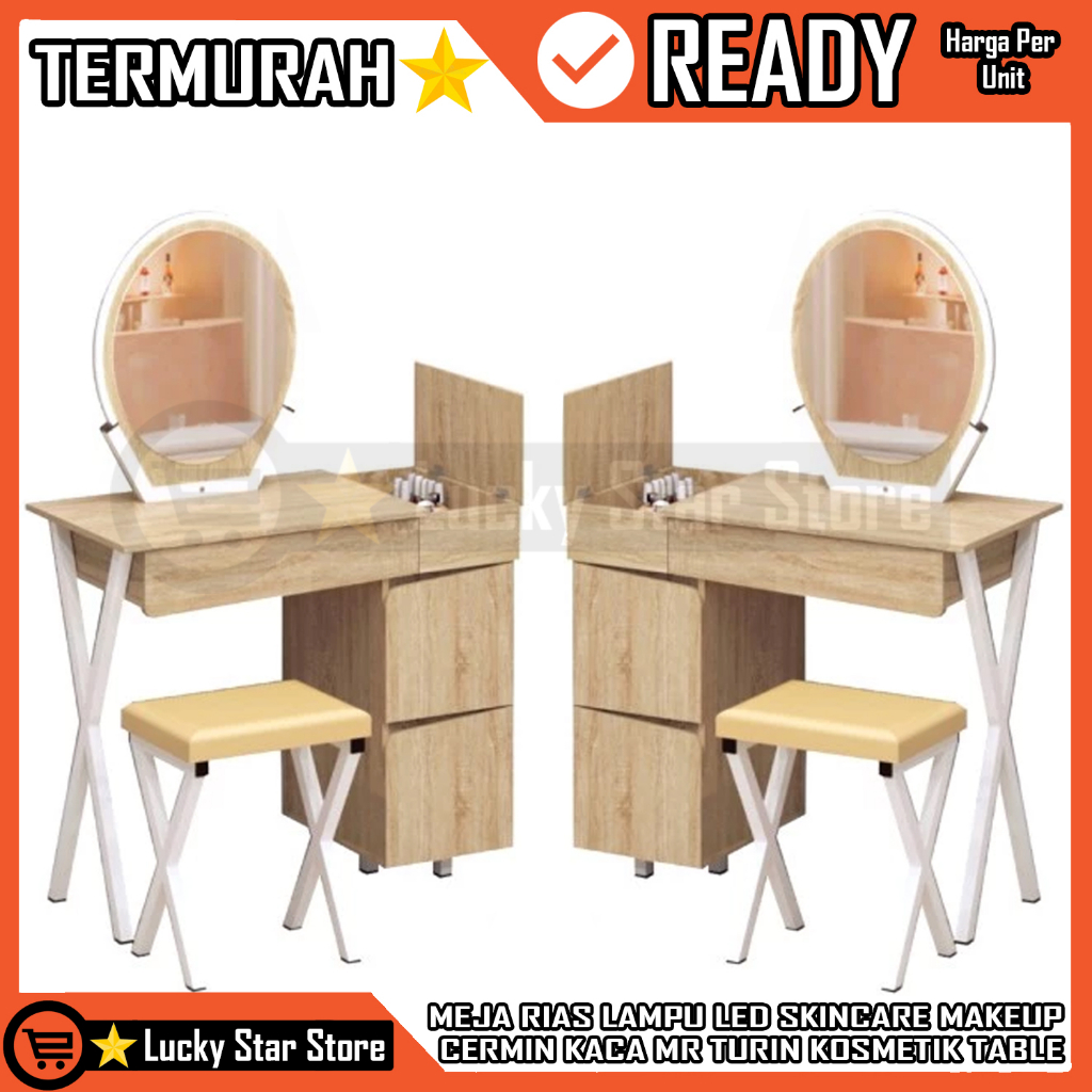 [Kargo] MEJA RIAS KOSMETIK LAMPU LED KACA BULAT OVAL MR TURIN CERMIN MODERN MINIMALIS MAKEUP RAK RAC