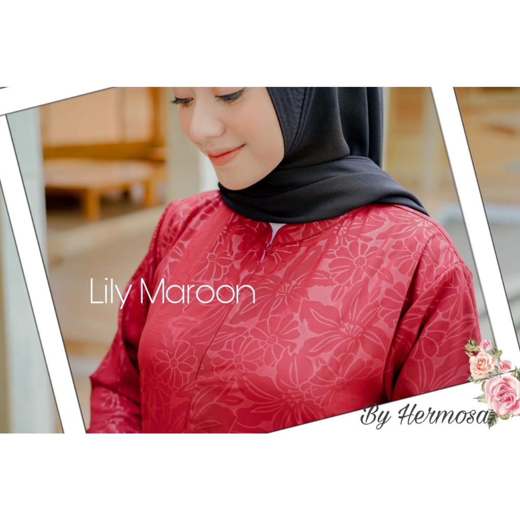 (Gamis hermosa) Gamis hermosa embos motif bunga lily merah marun--gamis wolfis marun-gamis syari