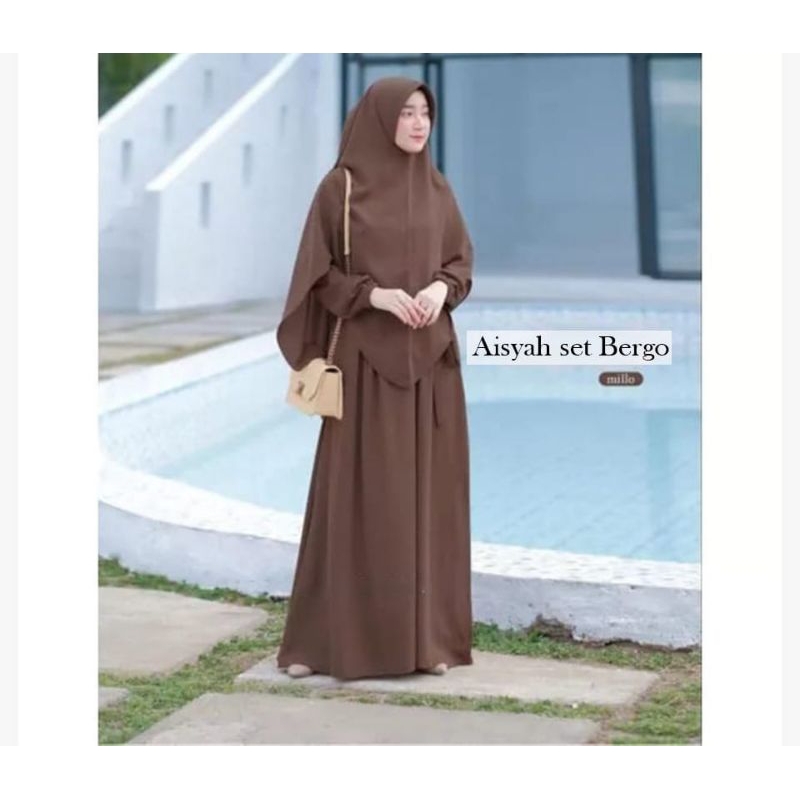 Gamis Wanita Aisyah Syari Plus Hijab Bergo Model Terbaru Bahan Crinkle Air Flow Cey Premium