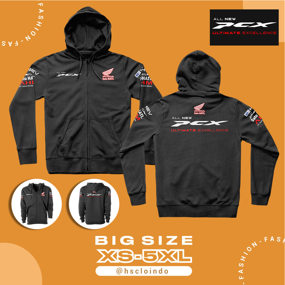 Jaket HOODIE Zipper Honda All New PCX Motor Matic Big Size Bahan Fleece Ukuran Jumbo XS S M L XL XXL