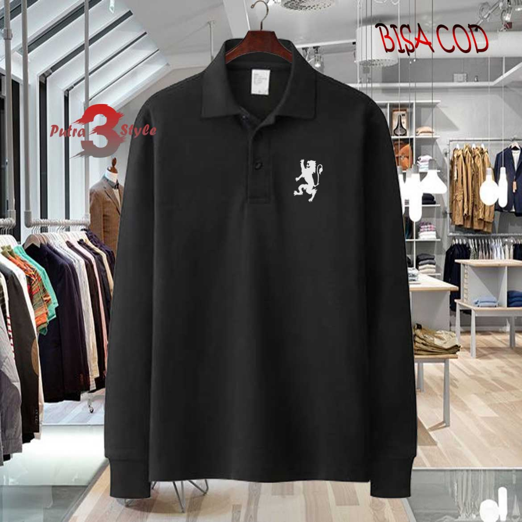 Baju Distro Style Polo Lengan Panjanng Logo Giordano Text Putih Kaos Polo T Shirt Denim Premium Qual