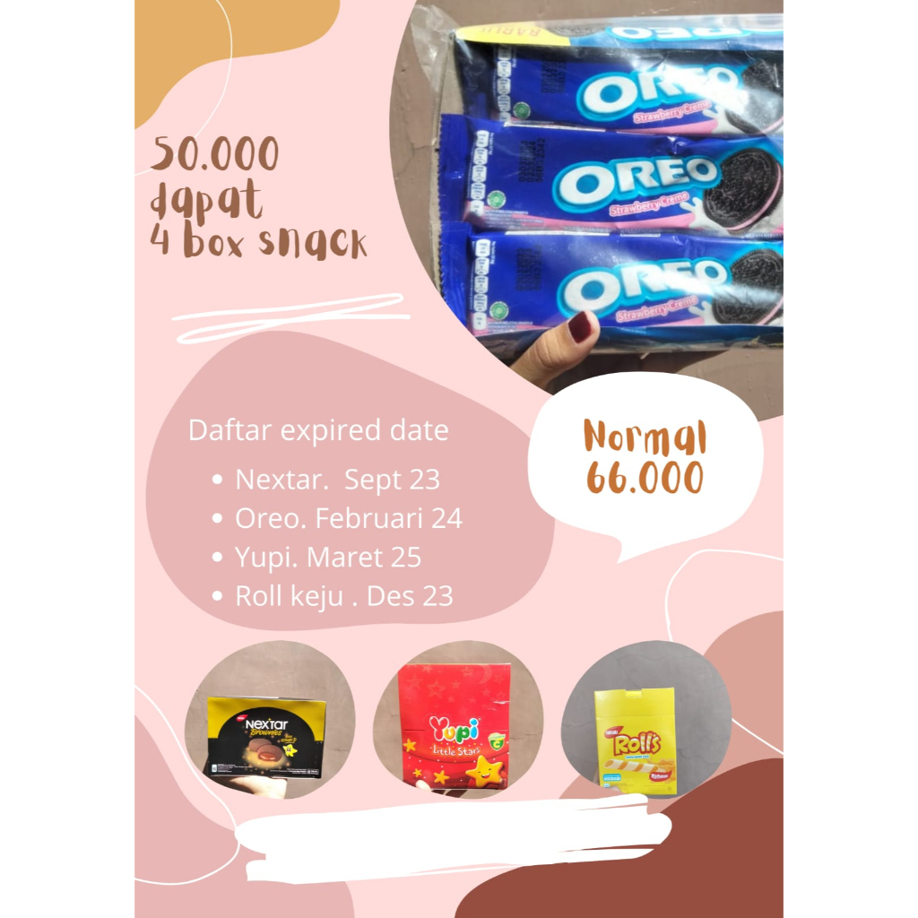 

paket box dapat 4 Oreo stroberi nextar Yuli roll keju