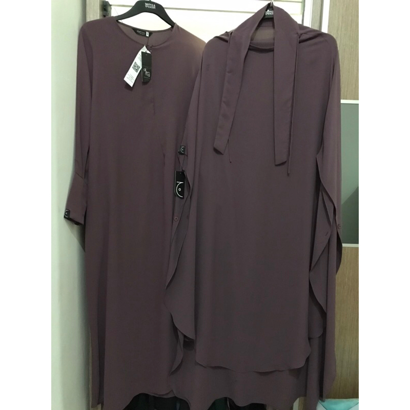 NWT satu set eggplant jemima abaya M + fk long prime aljenna (bukan elmadina)