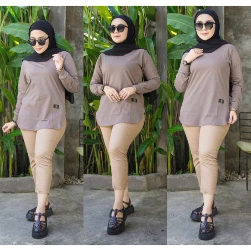 Baju Kaos Wanita Lengan Panjang Dinary Warna Milo / Atasan Wanita / Kaos Wanita / Atasan Wanita Terb