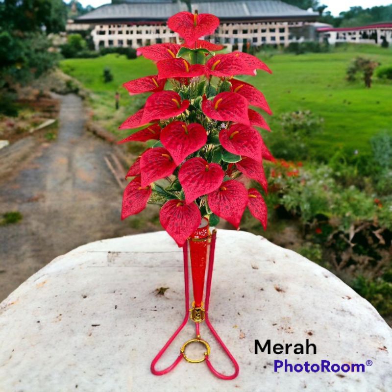 BUNGA SUDUT/ BUNGA POJOK ANTURIUM 36 KUNTUM ARTIFICIAL PLASTIK SET POT STANDING BESI