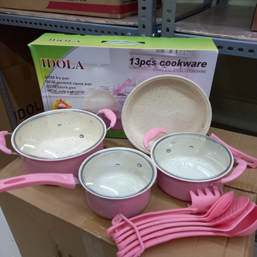 Cookware Idola/Panci set 13 pcs pink tutup kaca