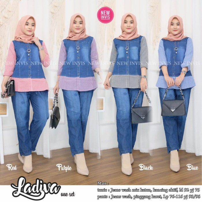 Ladiva One Set Setelan Blouse Kemeja Vero dan Celana Amanda Navy BMJ