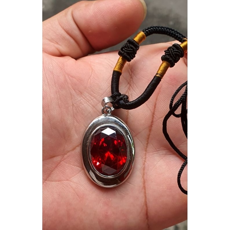 [BISA COD] Kalung Liontin Batu Akik Permata Red Garnet Merah Full Cutting Bonus Tali