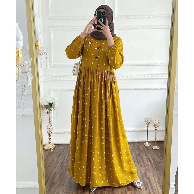 MINI FLOWER DRESS YELLOW MOTIF BUNGA BUSANA MUSLIM JUMBO BUSUI DRESS CASUAL KONDANGAN OOTD GAMIS KAT