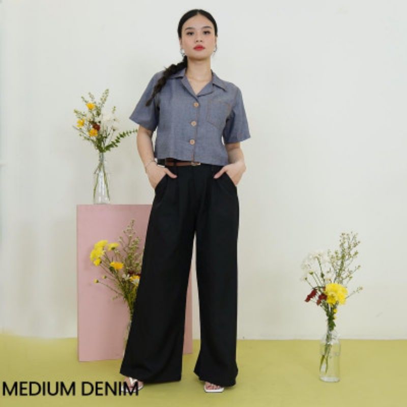 Baju Kemeja Wanita Crop Top Denim sheyi Kemeja Crop Kekinian