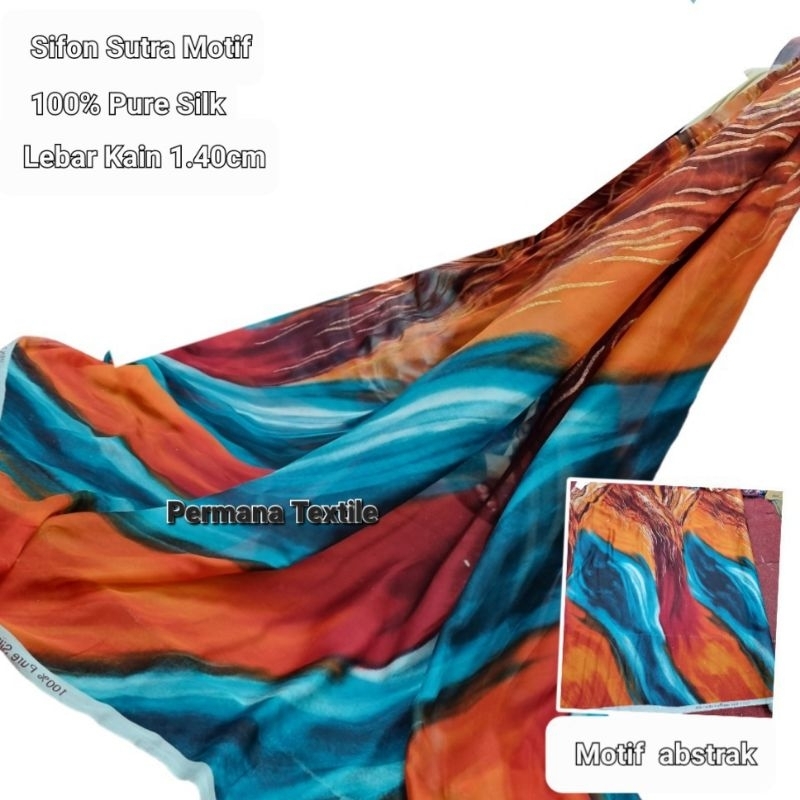 Kain Sifon Sutra Asli Bahan Chiffon Silk Motif Abstrak ( 100% Pure Silk )