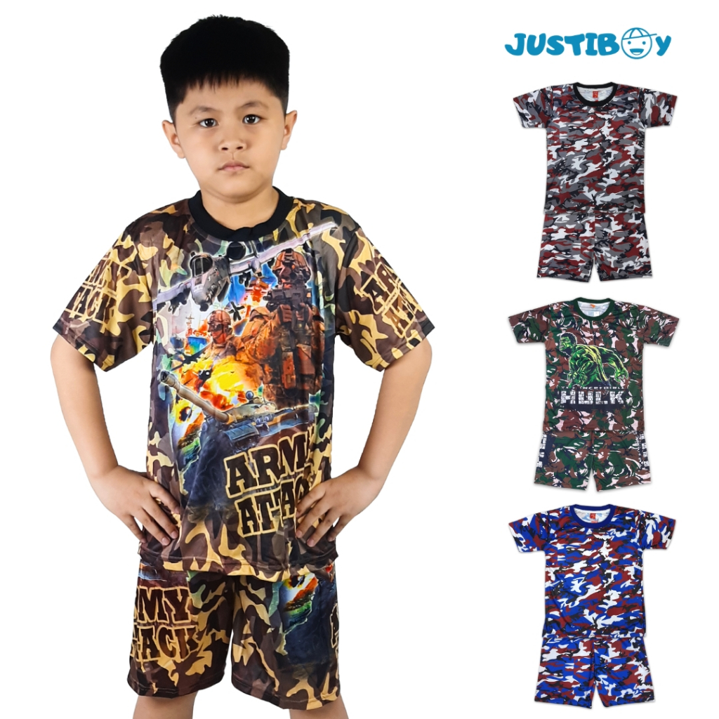 Setelan Baju Anak Laki Laki Loreng Tentara Lengan Pendek Full Print Usia 2 - 11 Tahun